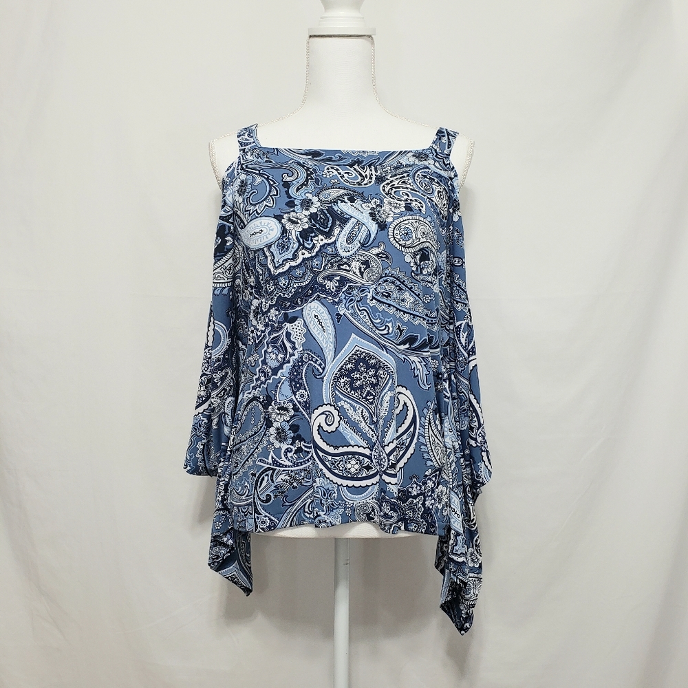 ECI Blue & Black Paisley Batwing Top Sz S - Picture 8 of 8